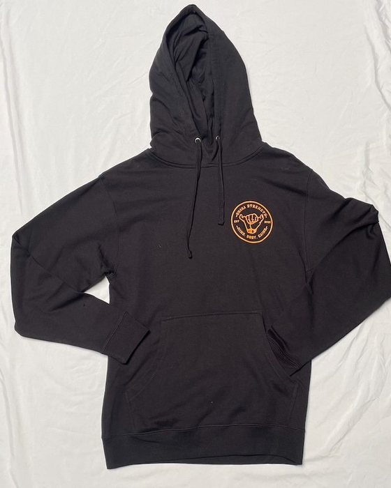 Front of the hoodie with the small gold logo