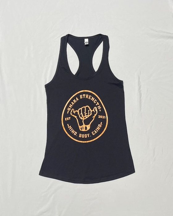 Women's black racerback tank with the large gold logo